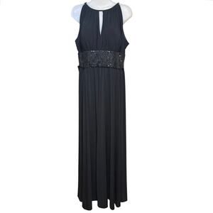 R&M Richards Black Evening Dress Sz 14 Keyhole Long Prom Gown Sequins Slit Flaws